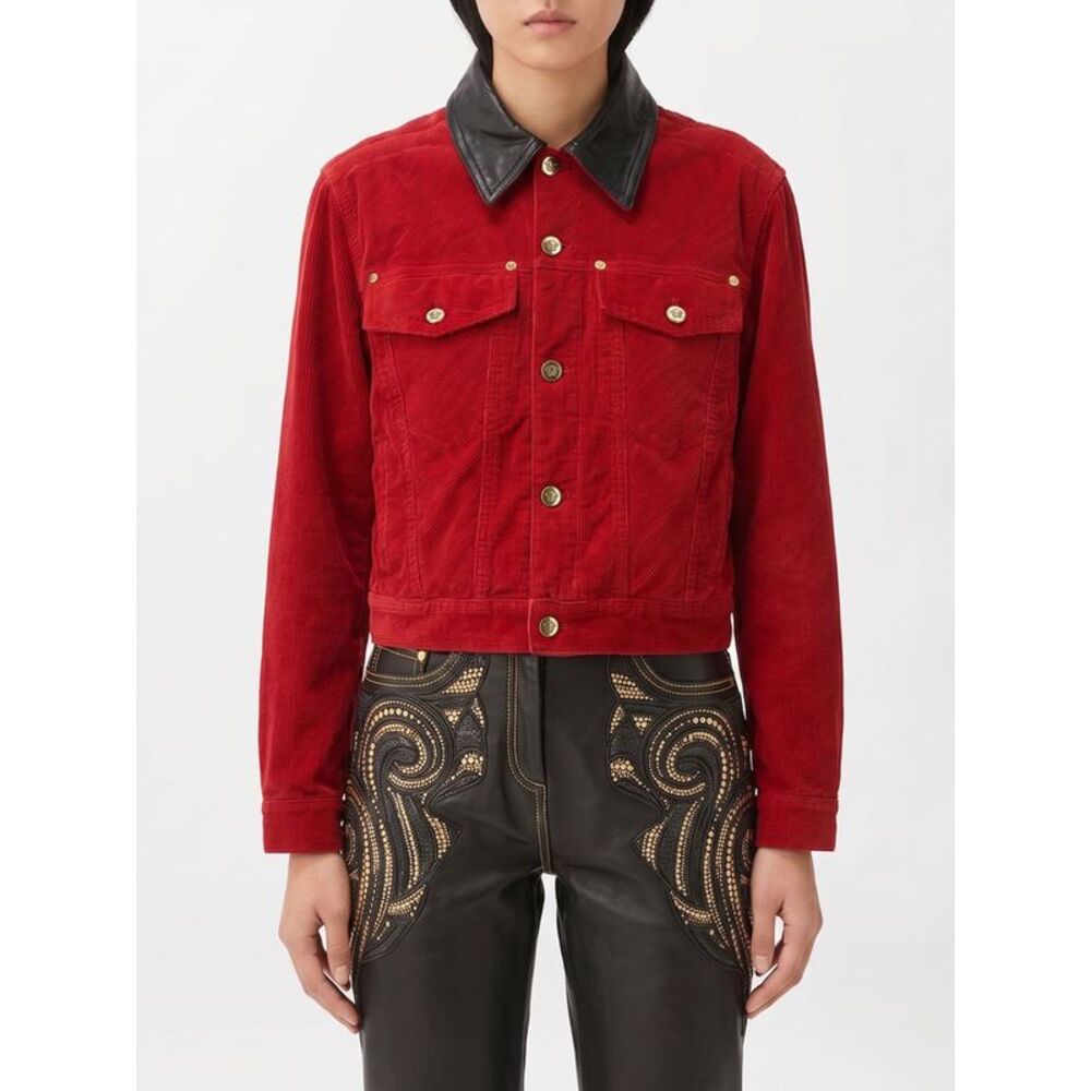 Versace Women Cropped Cotton Velvet Shirt Jacket Versace With Leather Collar